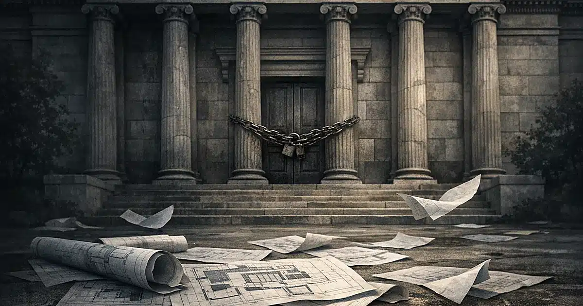 Closed museum building with chained doors and abandoned blueprints scattered on the ground in dim lighting