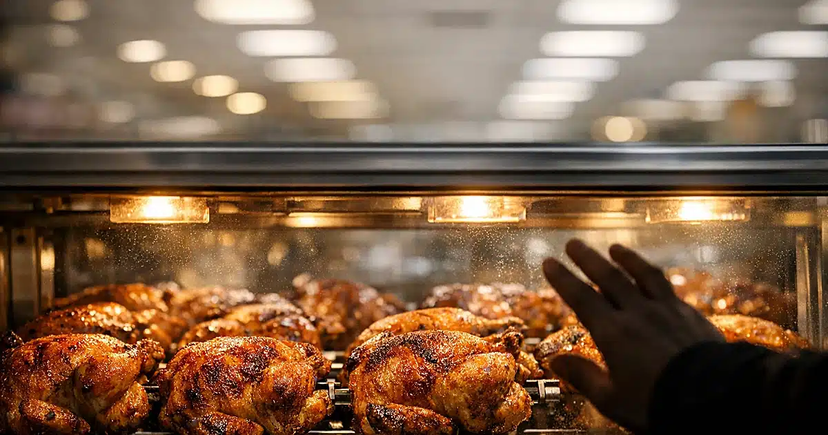 Rotisserie chickens rotating under heat lamps in grocery store display case with silhouetted hand reaching toward glass