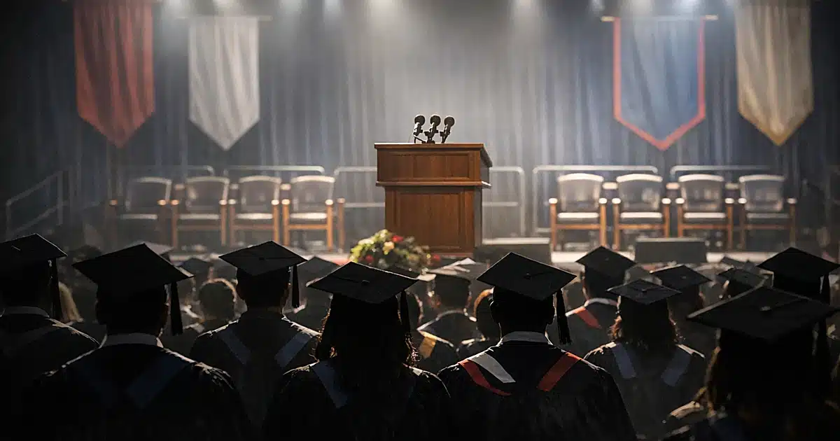 University graduation ceremony stage with silhouetted graduates in audience facing elevated podium under stage lights