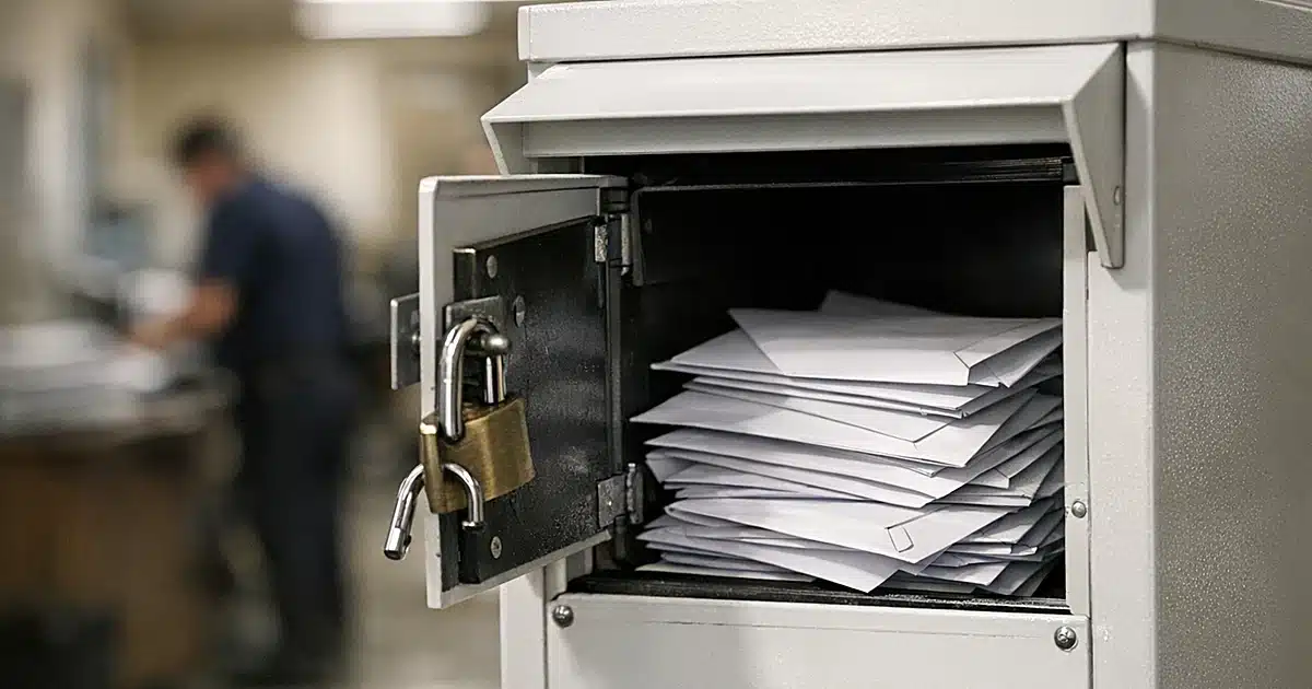 Ballot drop box with open access door showing sealed envelopes inside in government office hallway