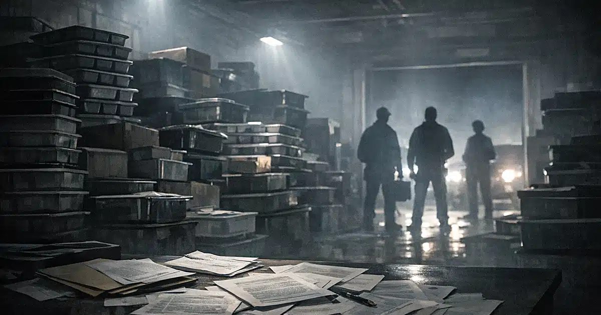 Meal trays and documents in warehouse with silhouetted figures and vehicle lights in background