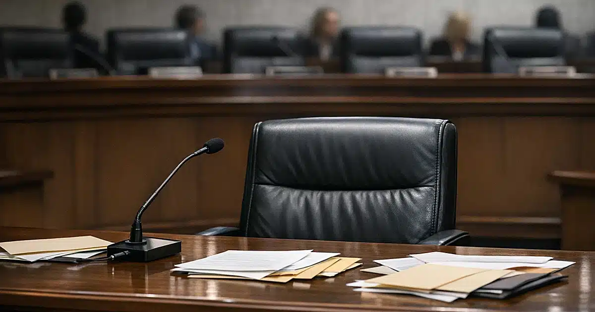 Empty witness chair at legislative committee table with microphone and scattered documents in hearing room