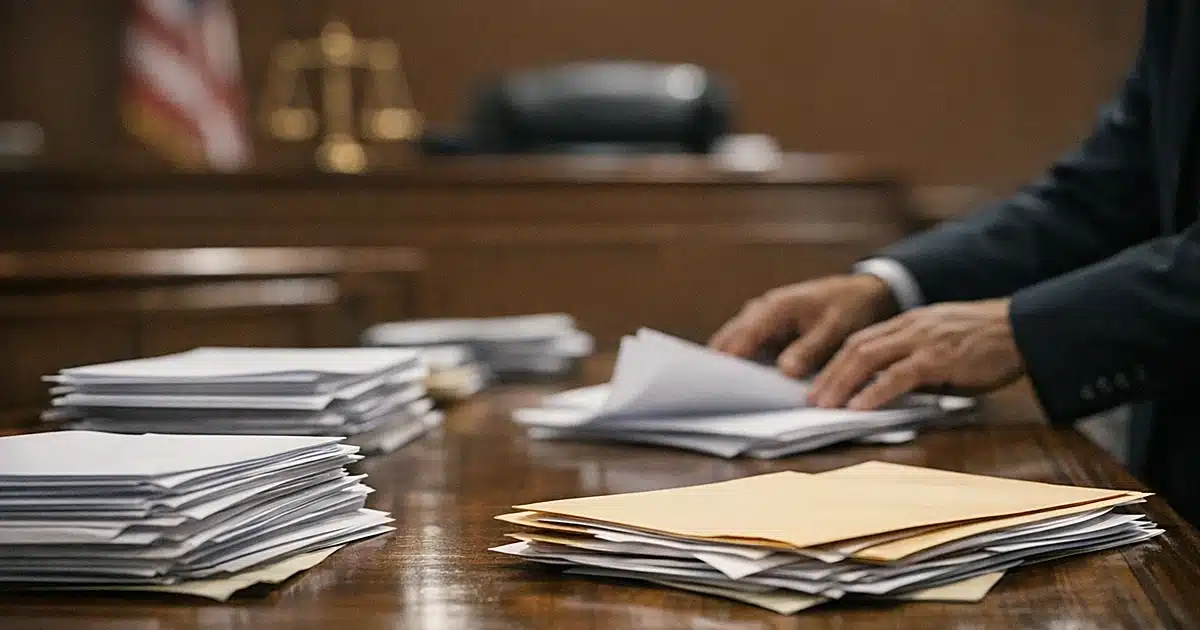 Federal courtroom evidence table with scattered documents and silhouetted hands reviewing papers during trial