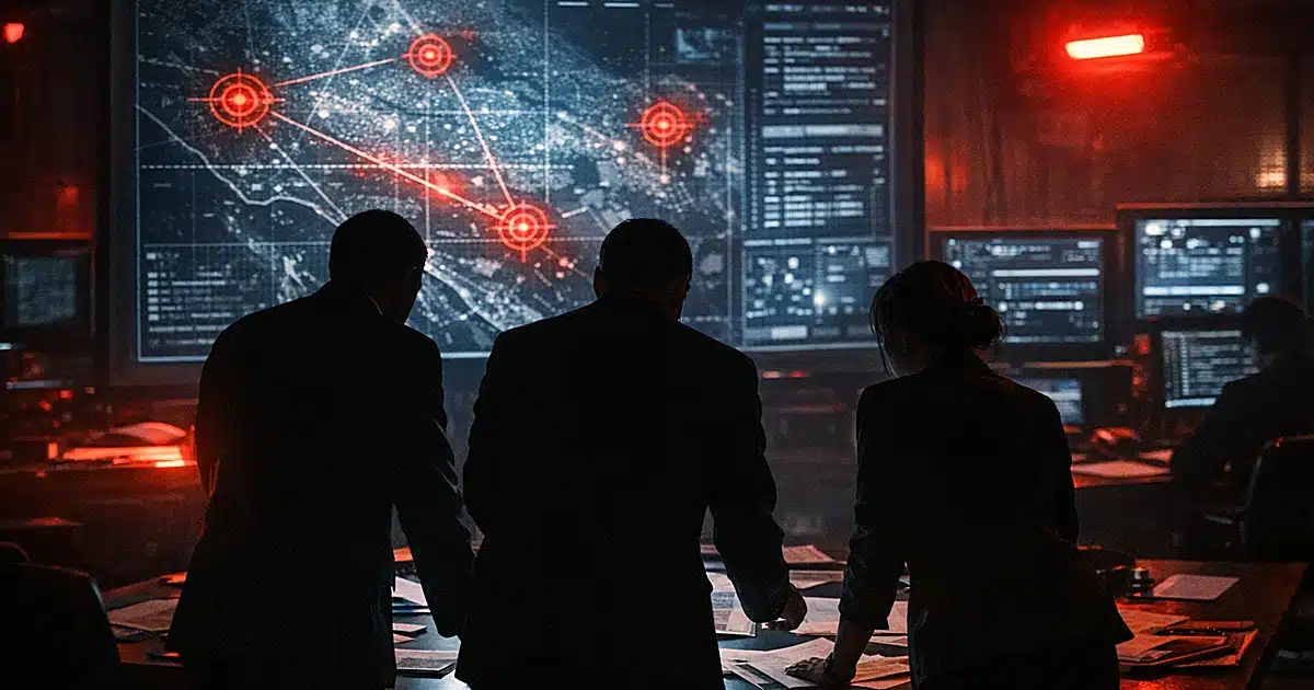 Intelligence operations room with illuminated threat assessment map and silhouetted security personnel reviewing documents