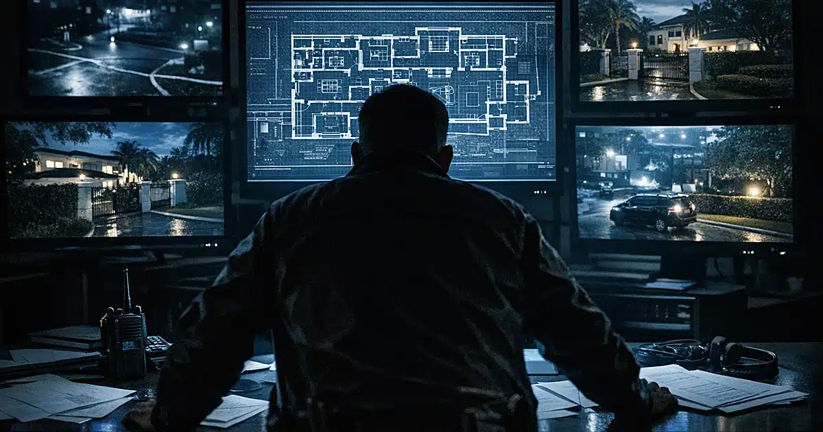 Security operations room with surveillance monitors displaying building floor plans and silhouetted analyst