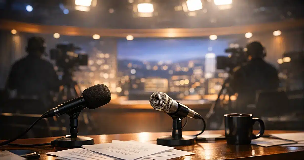 Late-night television studio desk with microphones and studio lights creating dramatic broadcast atmosphere