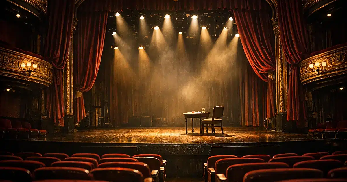 Empty European theater stage with burgundy curtains and dramatic spotlights illuminating wooden floorboards
