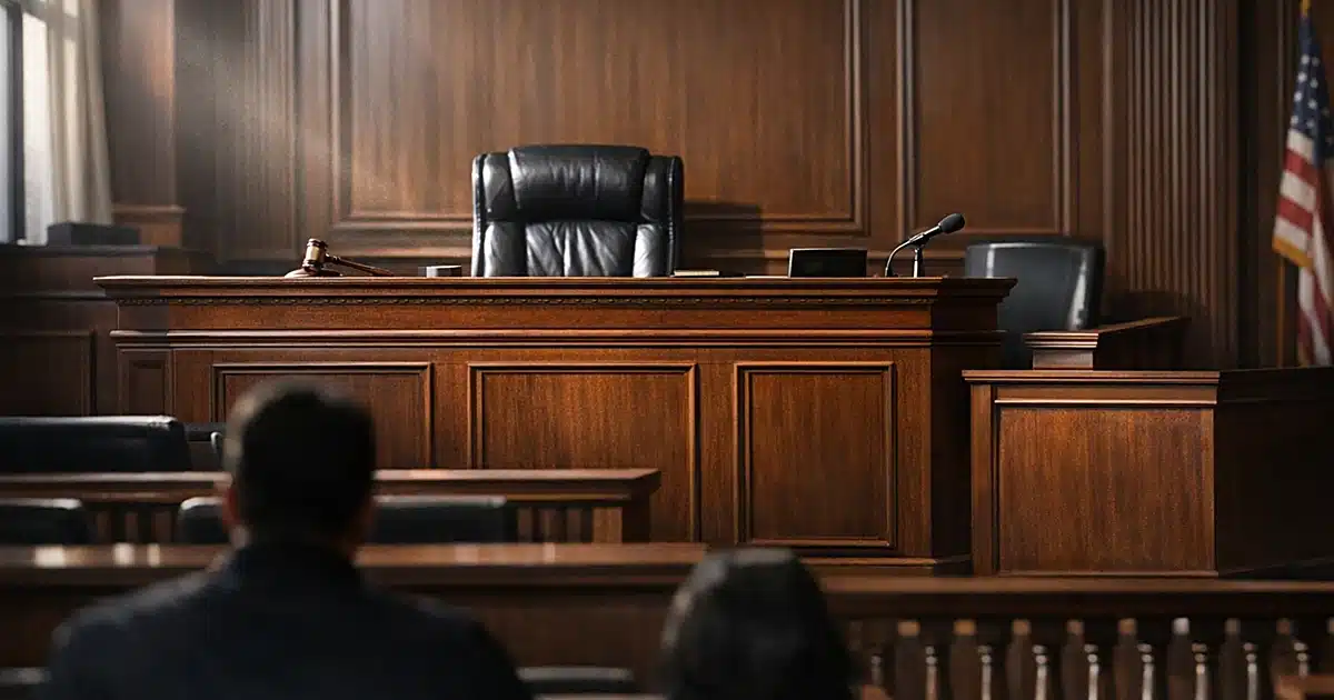 Empty federal courtroom with judge's bench and witness stand in dramatic natural lighting