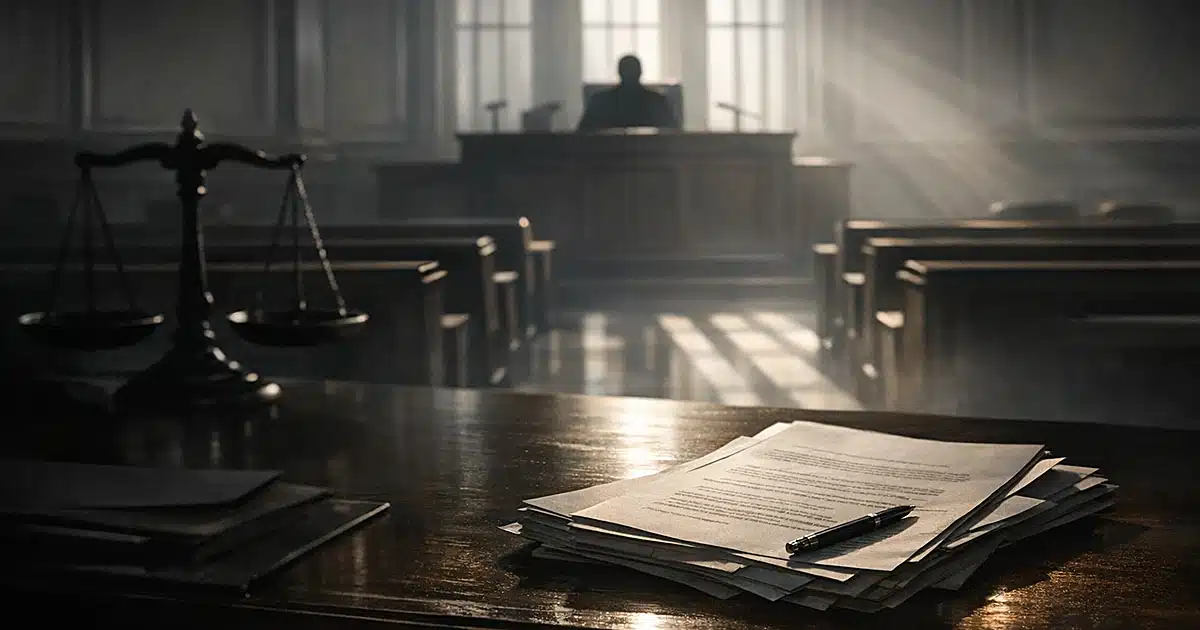 Dark courthouse interior with empty benches, judge's bench silhouette, and legal documents in dramatic lighting