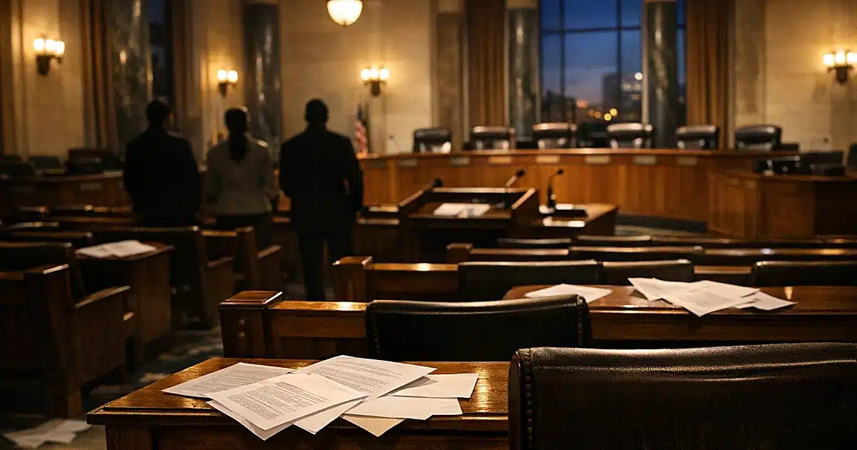 Empty municipal council chamber at dusk with scattered documents on wooden seats and vacant chairs at raised platform