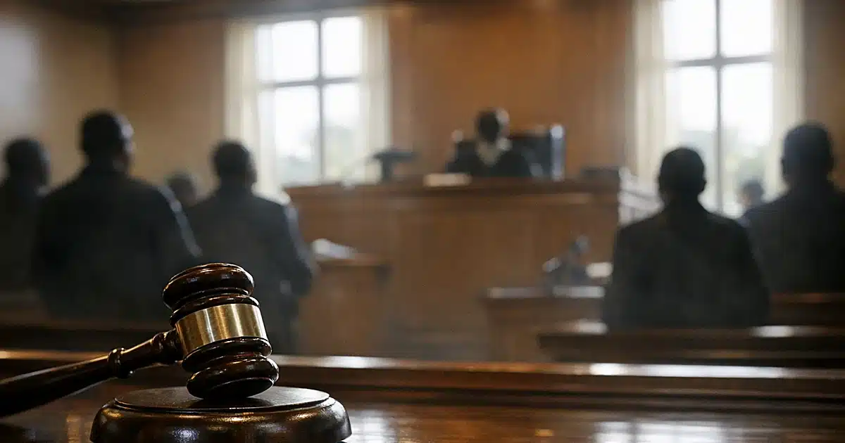 Interior of a Kenyan courtroom with judge's bench and gavel, silhouetted figures in background near windows
