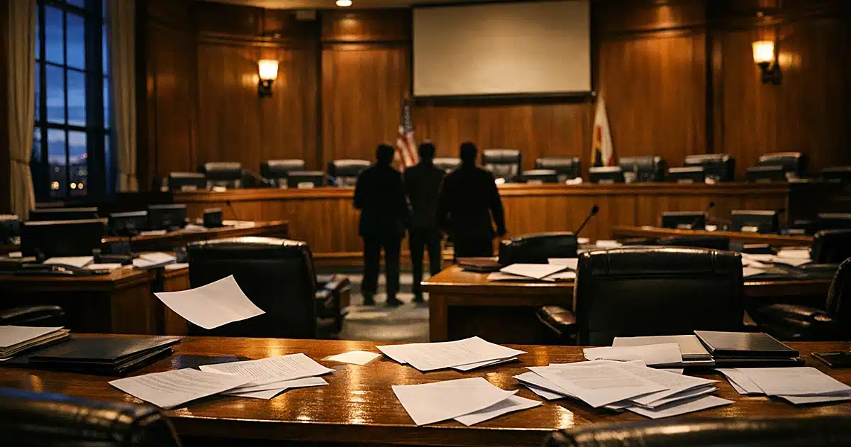Empty municipal council chamber with scattered documents on desks at dusk with dramatic overhead lighting