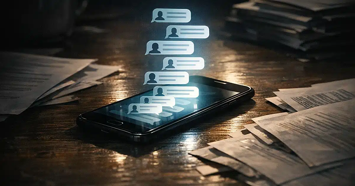 Illuminated smartphone on desk with glowing message screen surrounded by scattered papers in dramatic lighting