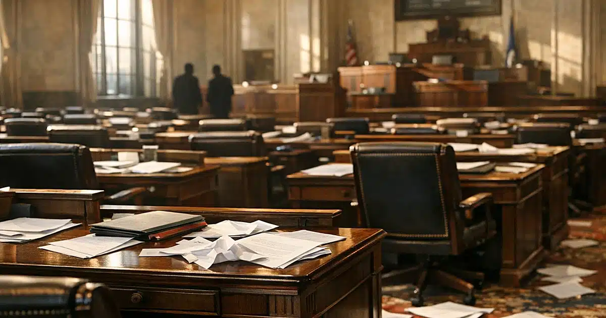 Empty Louisiana legislative chamber with scattered papers on desks, afternoon light streaming through windows