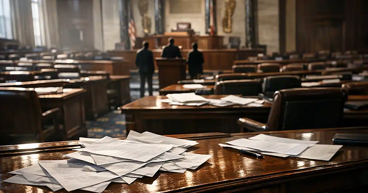 Wide view of empty legislative chamber with scattered papers on desks and dramatic window lighting
