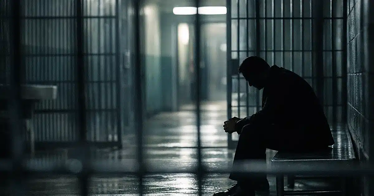 Silhouetted figure behind bars in federal holding cell with dramatic lighting and institutional corridor background