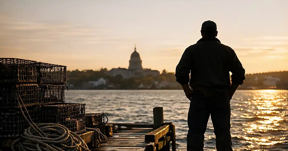 Silhouetted figure on Maine oyster farm dock looking toward distant capitol dome across water at sunset