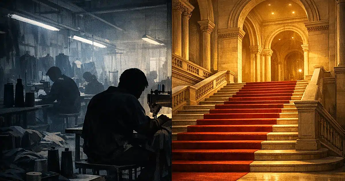 Split scene showing garment workers as silhouettes at sewing machines contrasted with empty museum staircase