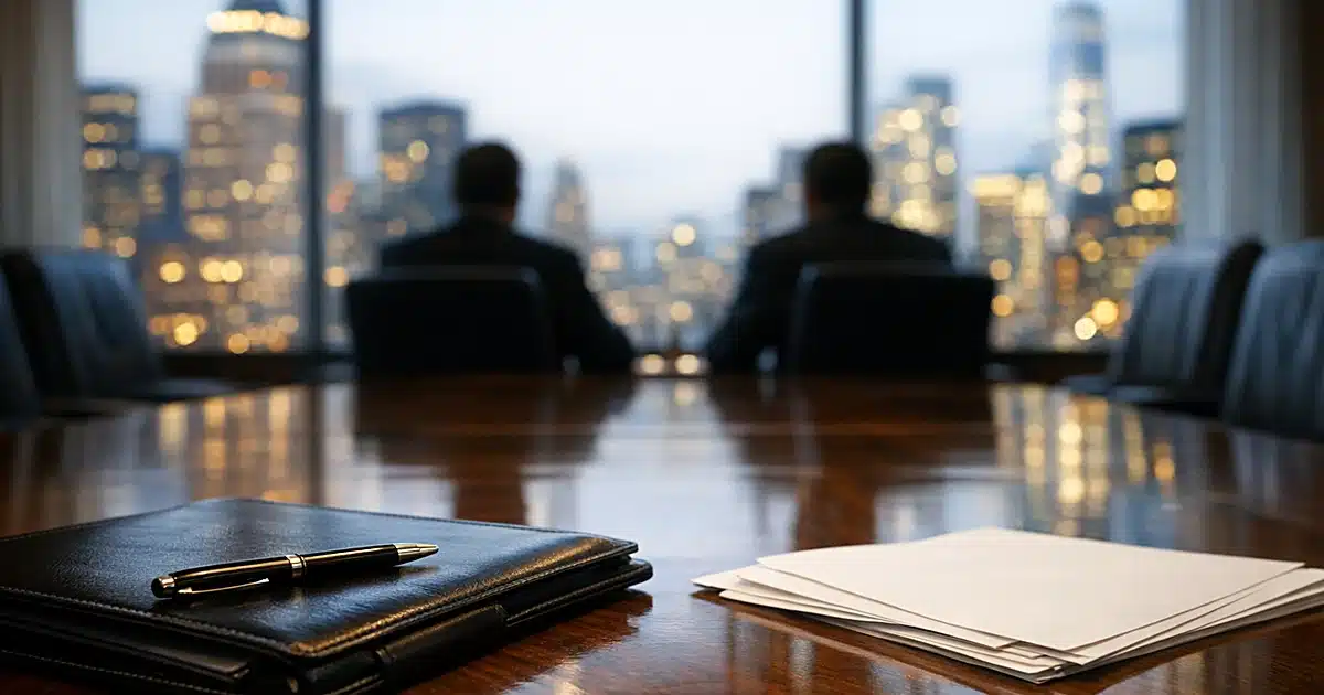 Boardroom meeting table with silhouetted figures and Manhattan Financial District skyline visible through windows