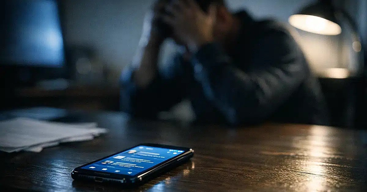 Smartphone displaying social media app on desk with silhouetted figure in background showing stressed posture