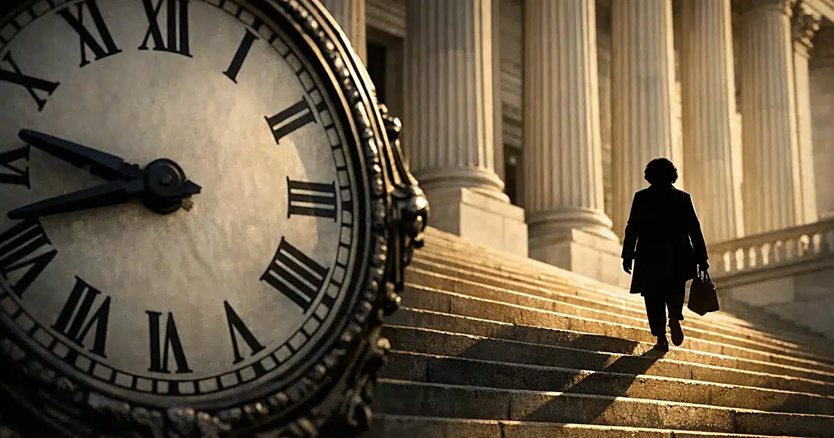 Silhouette ascending Capitol steps with large clock in foreground symbolizing age and time in government service