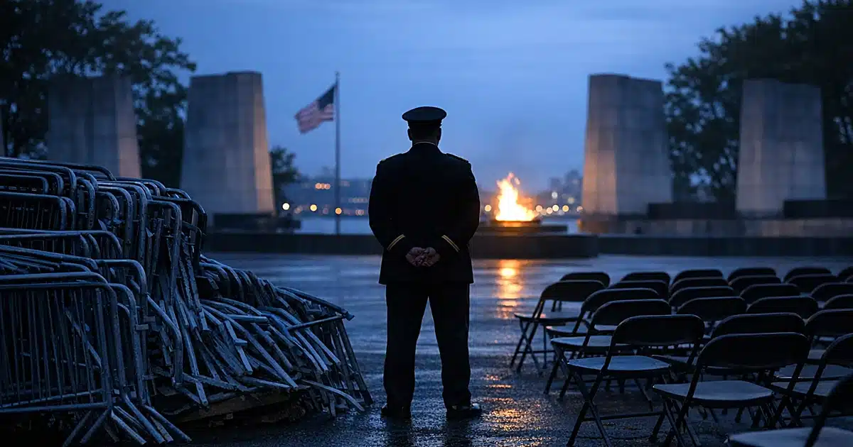 Empty veterans memorial plaza at dusk with abandoned ceremony chairs and silhouetted figure facing eternal flame