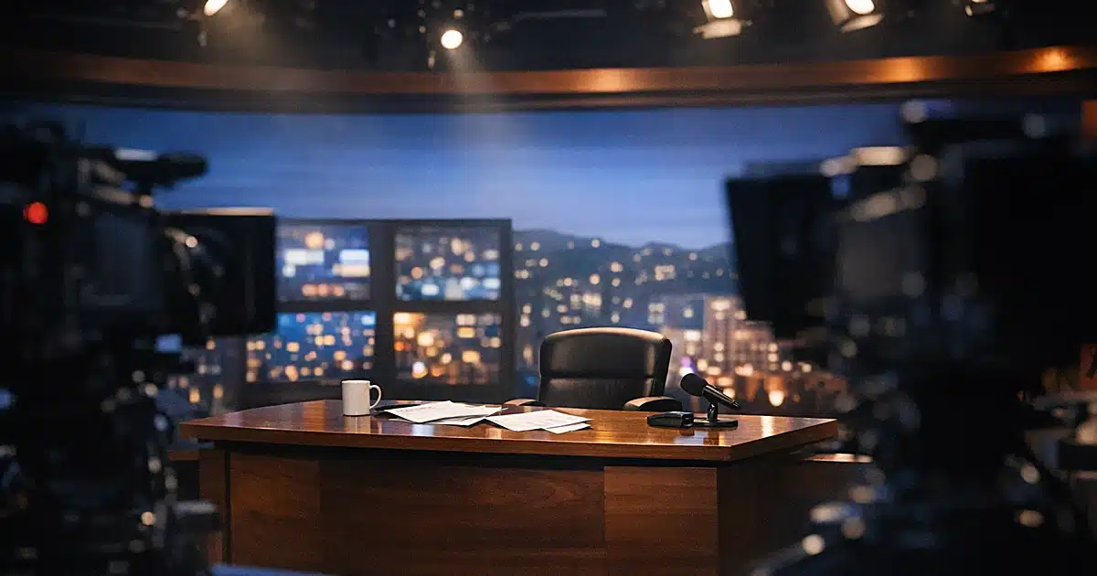 Empty late-night television studio desk with cameras and glowing monitors under dramatic stage lighting