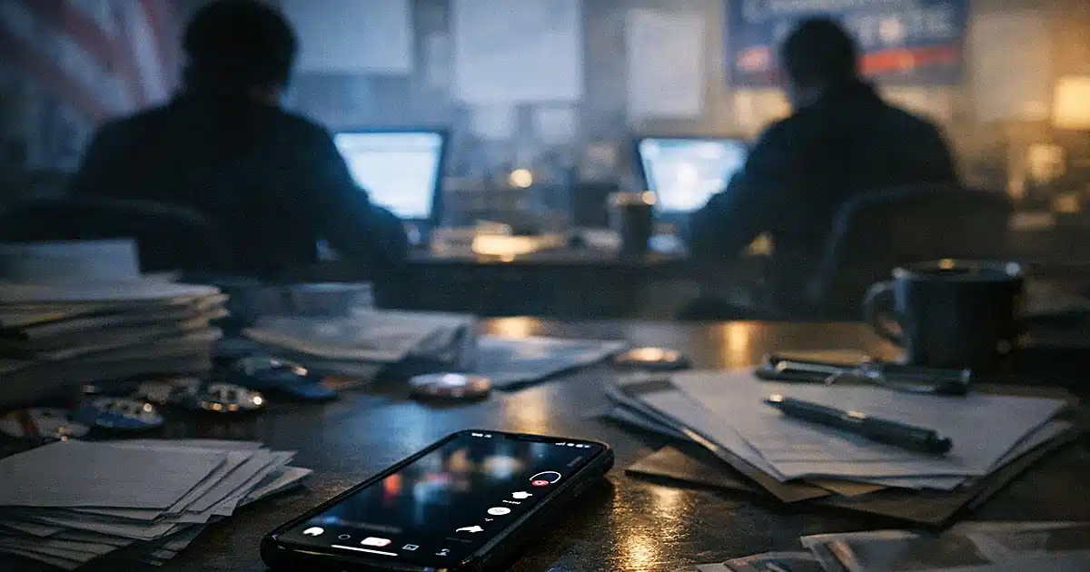 Smartphone displaying social media app on campaign office desk at night with silhouetted workers in background