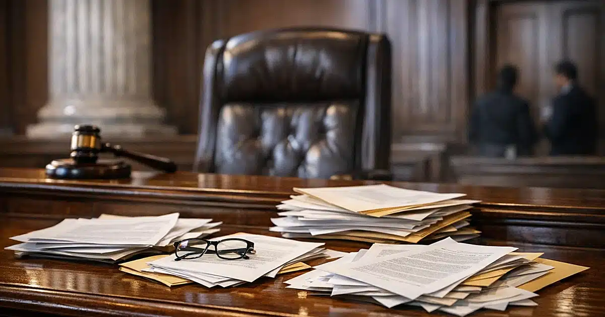 Supreme Court bench with scattered emergency legal filing documents in dramatic natural window light
