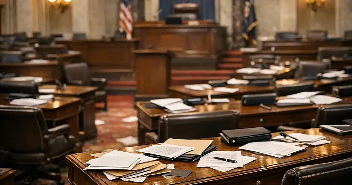 Empty Senate chamber with scattered papers on desks under warm overhead lighting