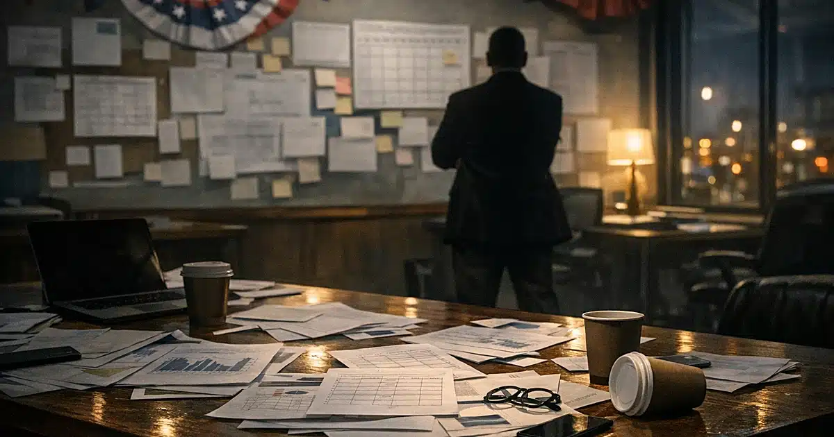 Silhouetted figure in empty campaign office with scattered papers and documents on table at night