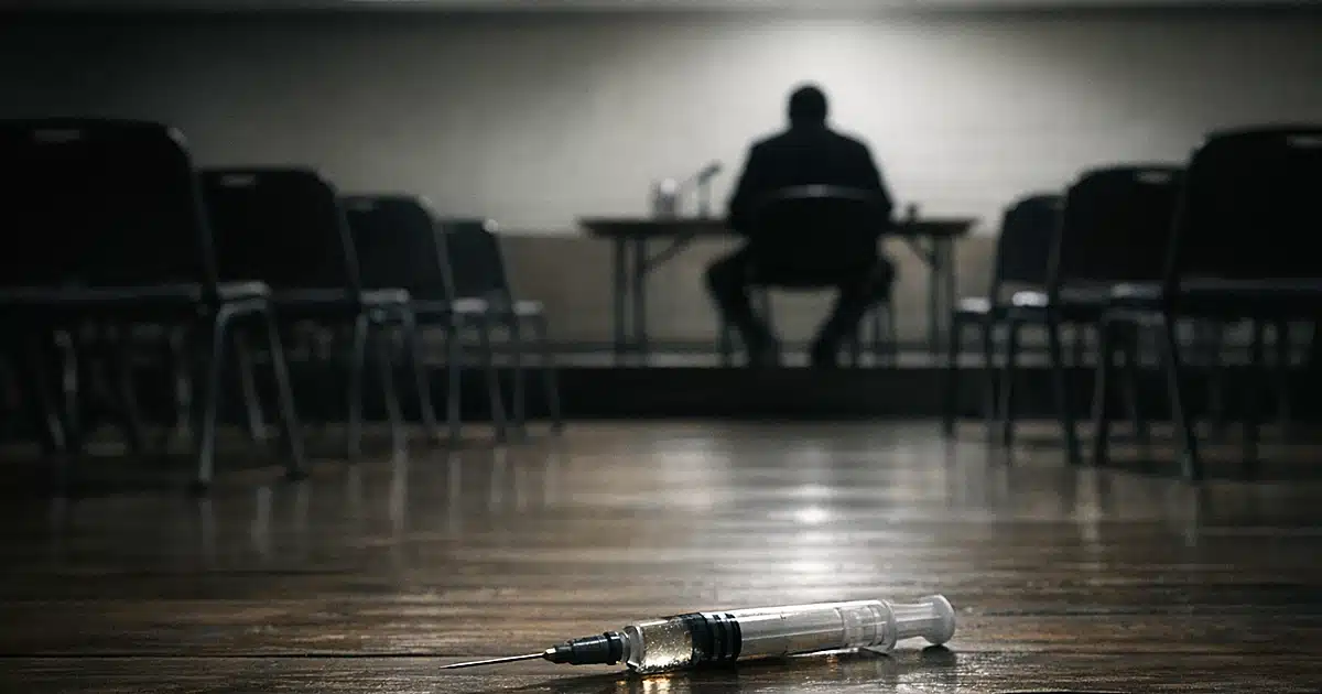 Silhouetted figure at table in meeting room with syringe on floor in foreground under fluorescent lights