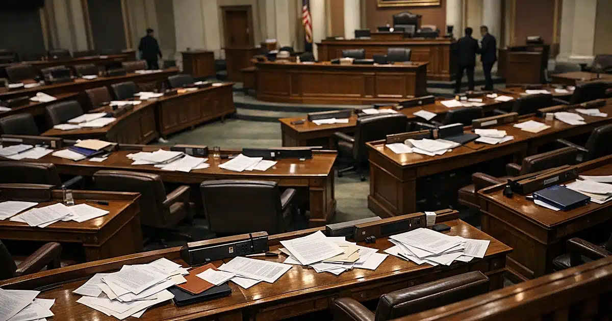 Empty Minnesota legislative chamber with scattered papers on desks and silhouetted figures in background