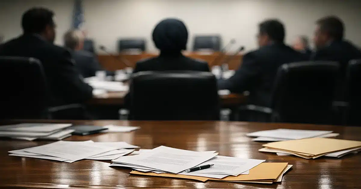 Minnesota legislative committee room with documents on table and silhouetted figures seated around it