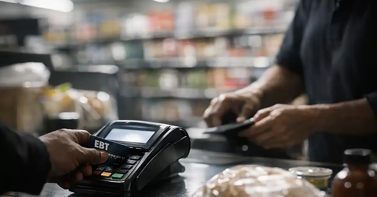 EBT card reader at grocery store checkout with silhouetted hands processing transaction under fluorescent lighting