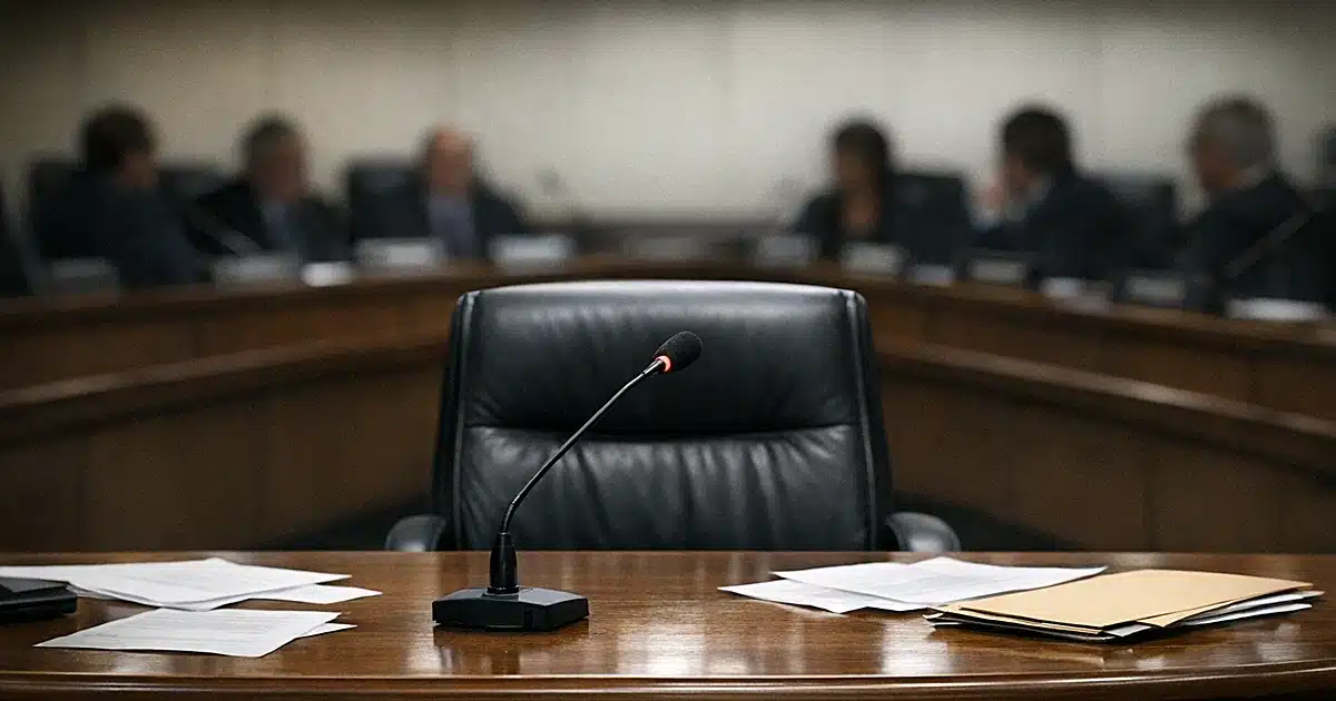 Empty witness chair at committee hearing table with microphone in Minnesota legislative chamber