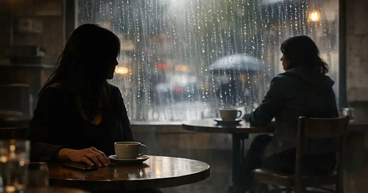 Two silhouetted figures seated at separate caf&eacute; tables near window, one turning away from the other