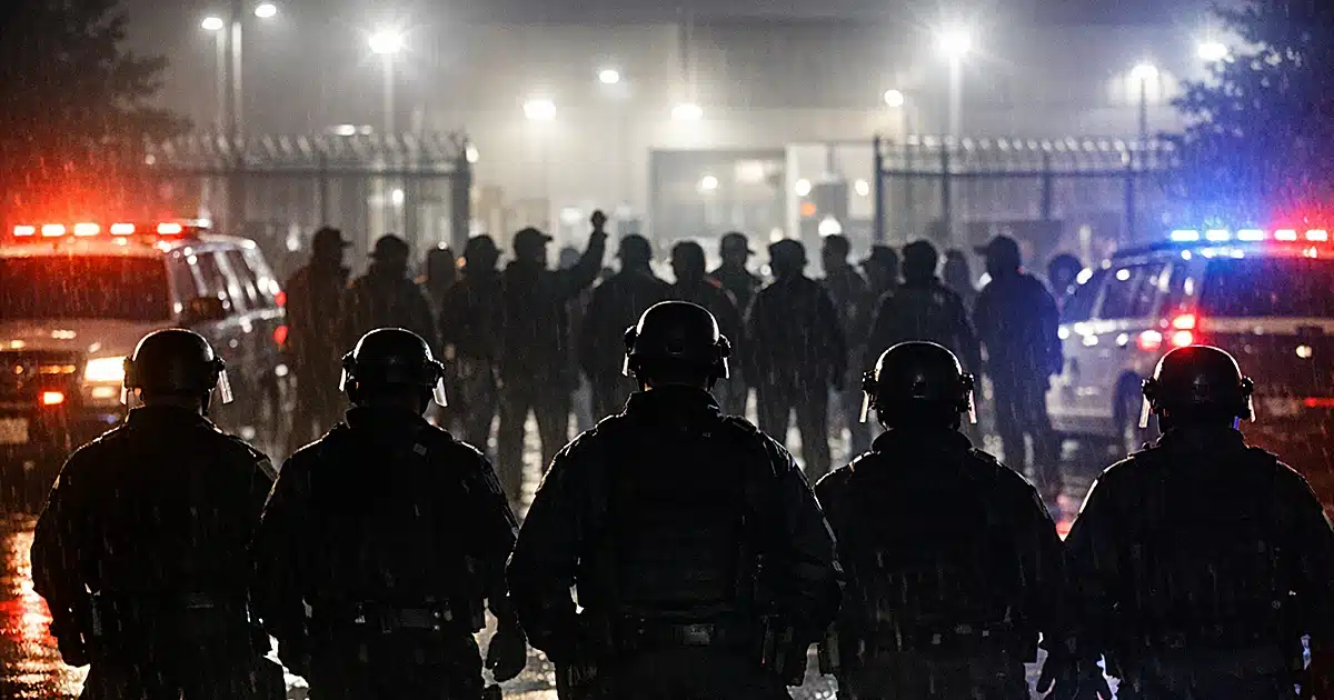 Silhouettes of law enforcement and protesters facing each other outside detention facility at night with emergency lights