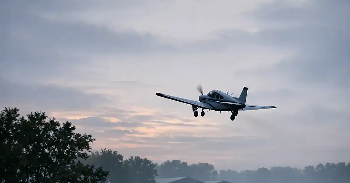 Small single-engine plane silhouetted against overcast sky during takeoff near suburban airfield