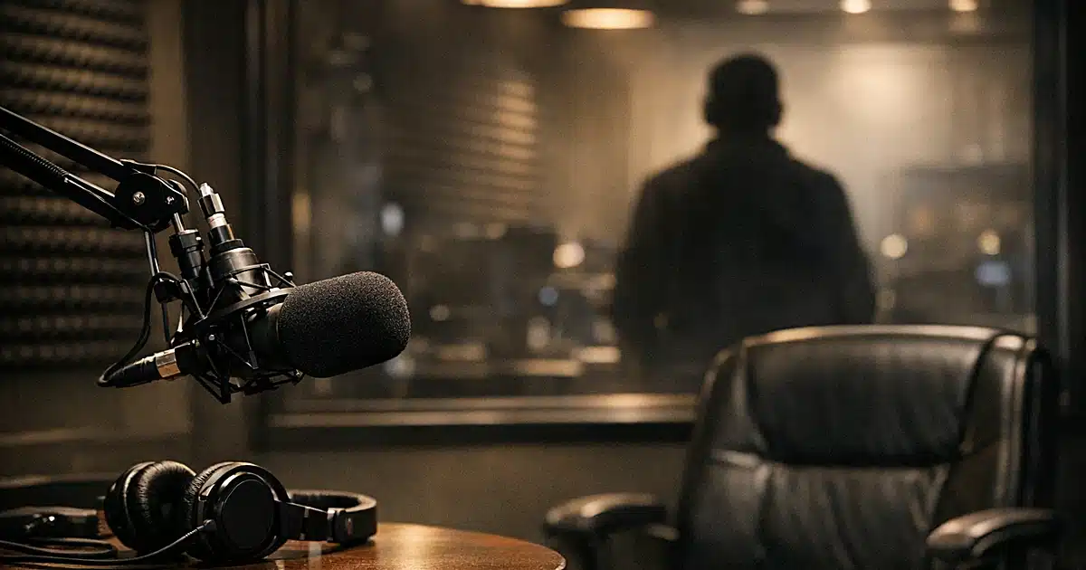 Empty podcast recording studio with microphone and vacant chair in professional broadcast booth