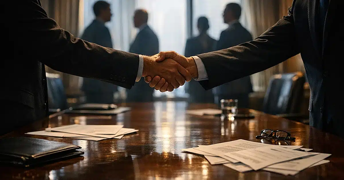 Business executives shaking hands across boardroom table with financial documents during tense negotiation meeting