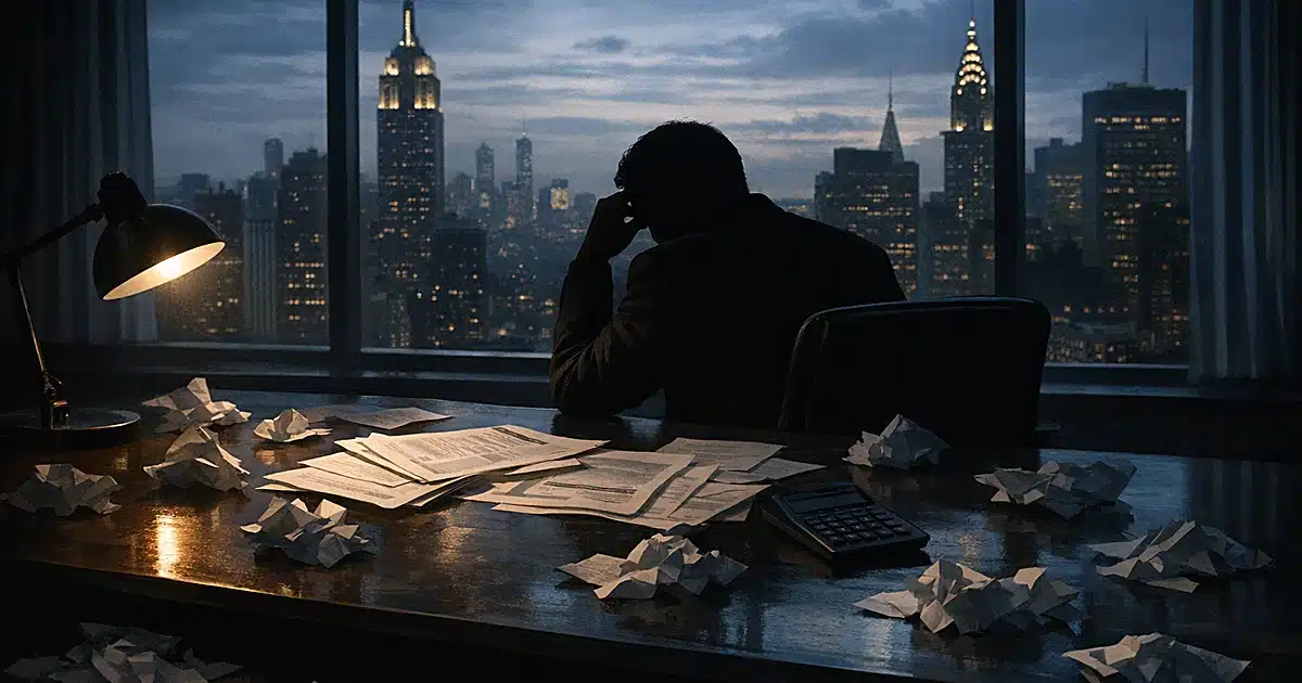 Silhouetted figure at desk surrounded by crumpled papers with NYC skyline visible through windows at dusk