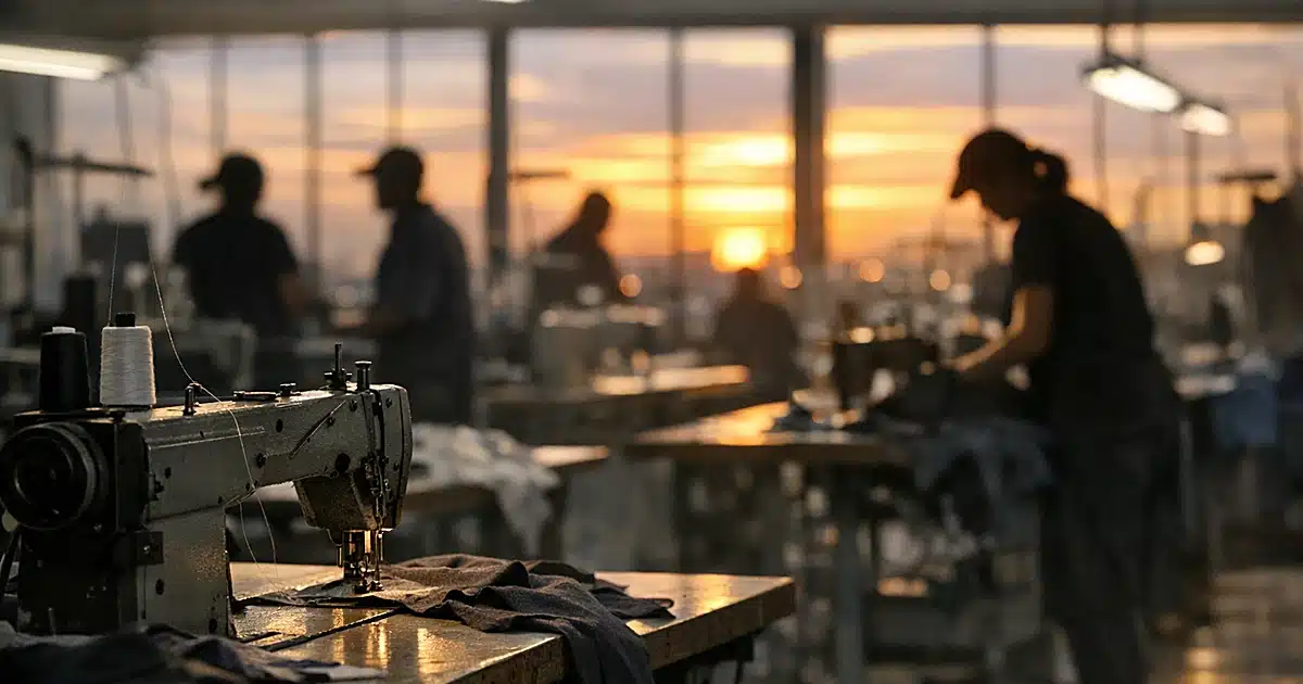 Garment factory floor with sewing machines and silhouetted workers at dusk