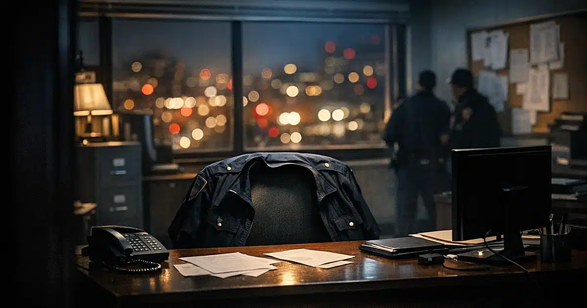 Empty NYPD precinct office desk with uniform jacket on chair at night