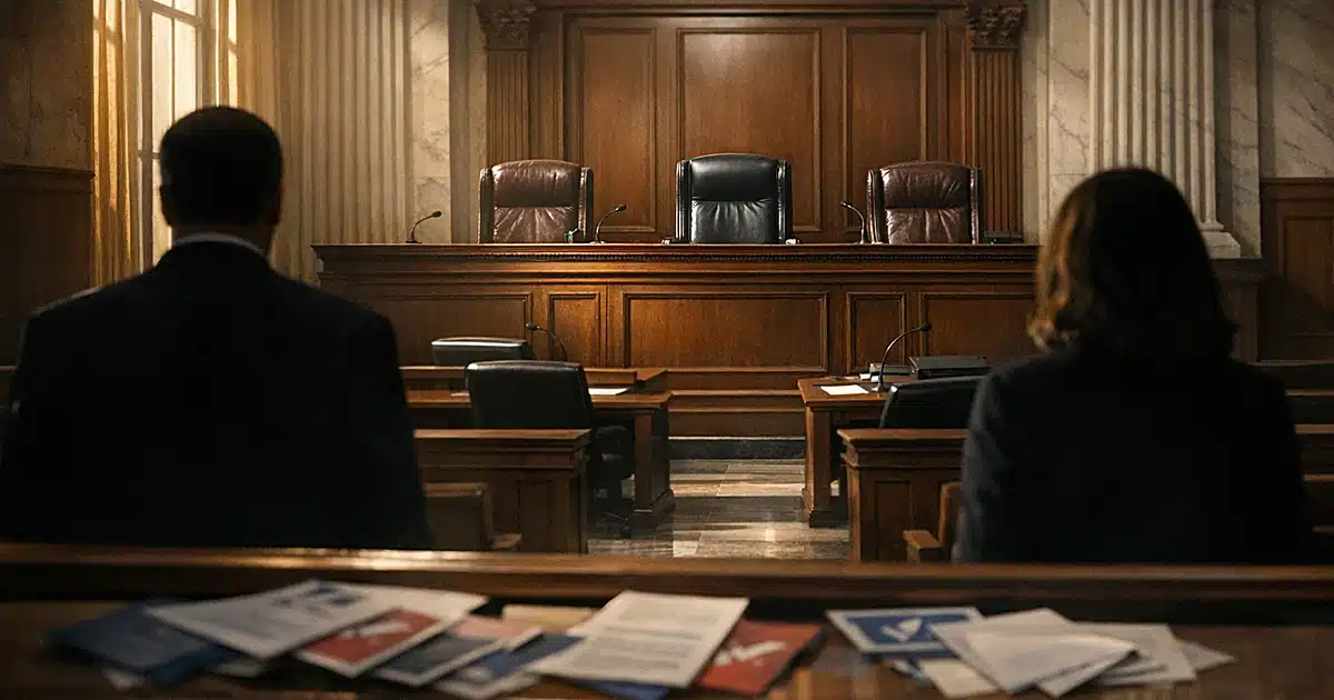 Empty state supreme court chamber with judicial bench and three chairs at dusk with dramatic window lighting