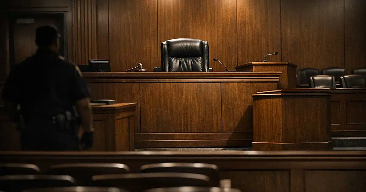 Empty federal courtroom with vacant judge's bench and silhouetted court officer in background