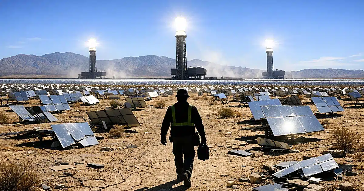Solar thermal power plant towers in Mojave Desert with damaged mirror arrays and maintenance worker silhouette