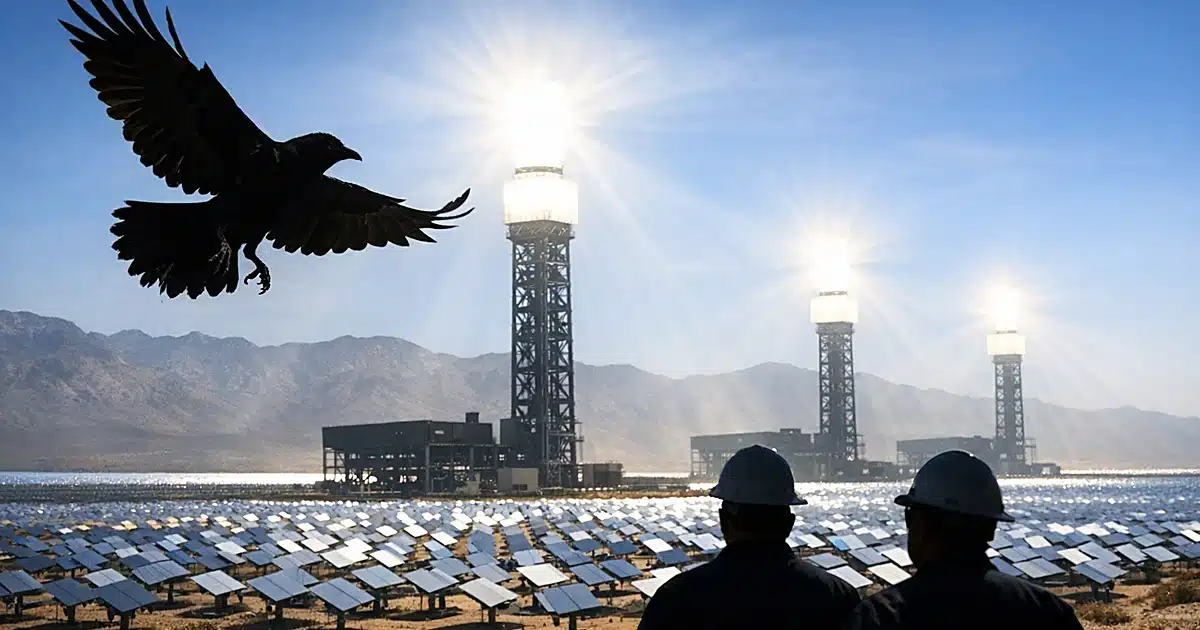 Bird silhouette flying past massive solar thermal power plant towers surrounded by thousands of mirrors in desert