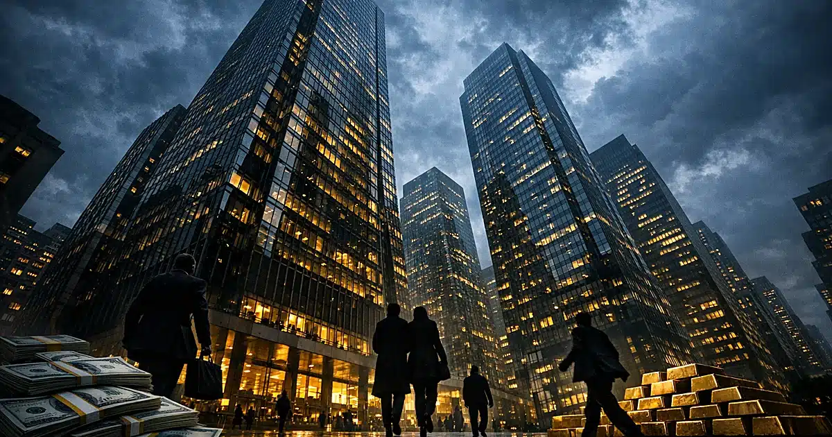 Corporate skyscraper towers over silhouetted business figures on rain-slicked plaza at dusk