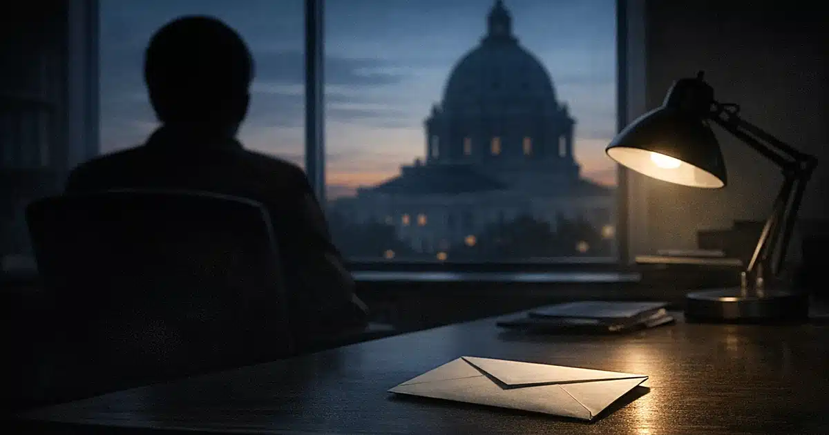 Silhouetted figure at desk with unopened envelope, capitol building visible through window in dim lighting